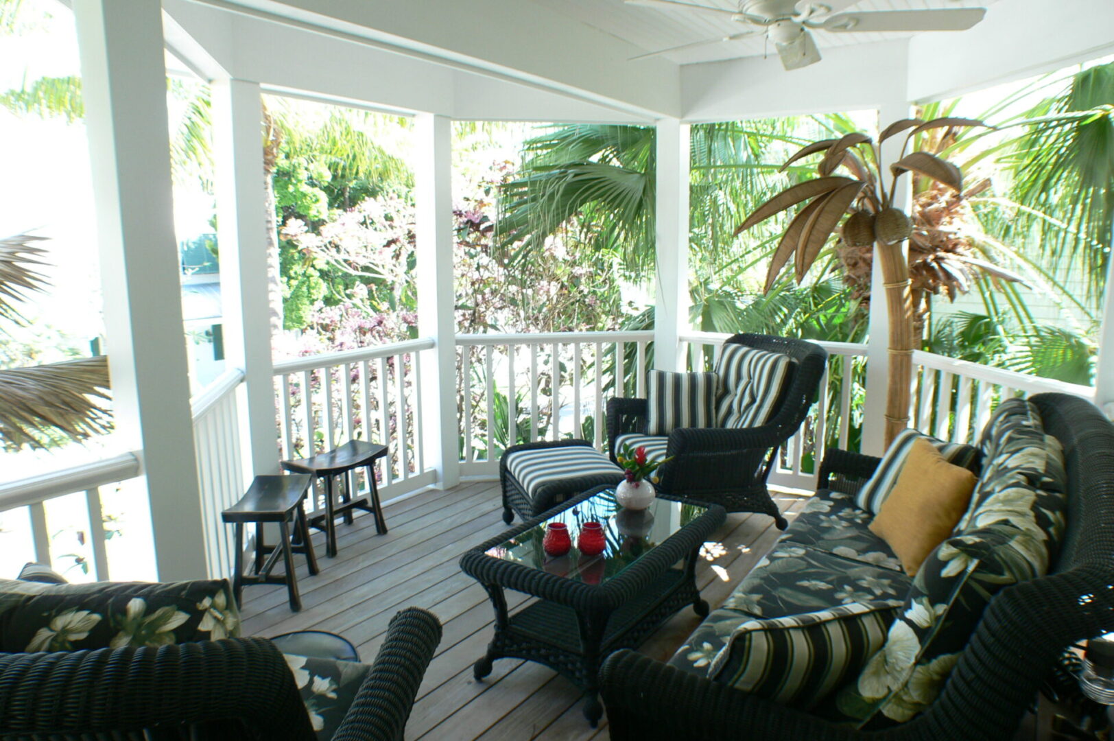 A porch with black and white furniture, palm trees and a view of the water.